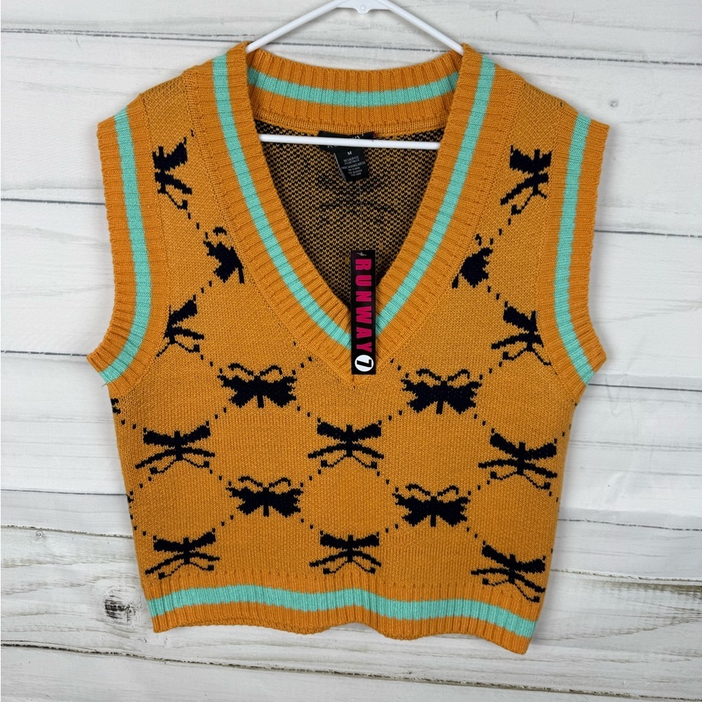 Runway Women's V-Neck Sweater Vest - Gold with Black and Teal Patterns